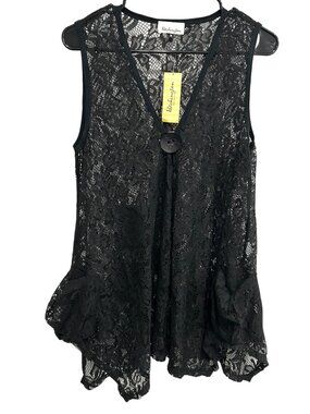 Patchington Medium Black Lace Button Detail Vest Top Romantic Goth Whimsical NWT